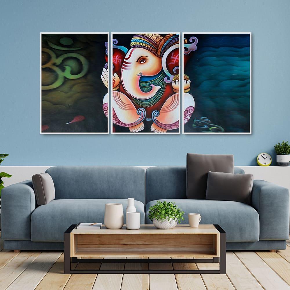 Hindu Lord Ganesha Floating Canvas Wall Painting Set of Three - Decor Mantra 