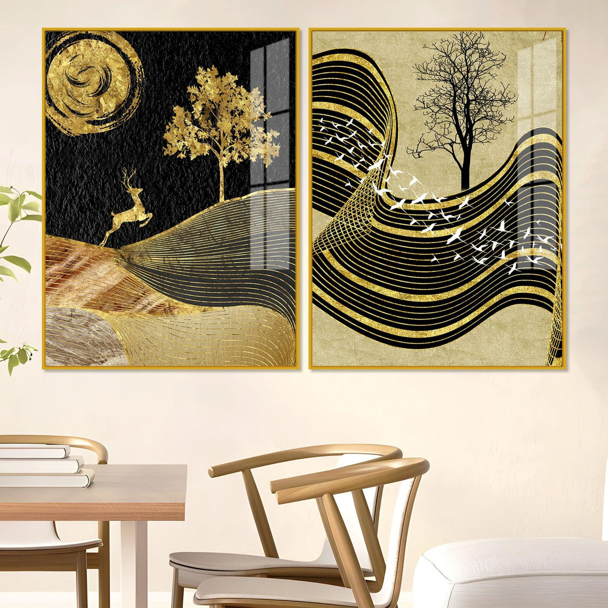 Wavy Golden Lines Mountains Premium Acrylic Floating Wall Painting Set Of 2 - Decor Mantra 