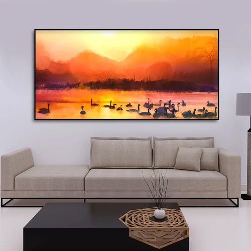 Beautiful Swans in Lake at Sunset Wall Painting Decor Mantra