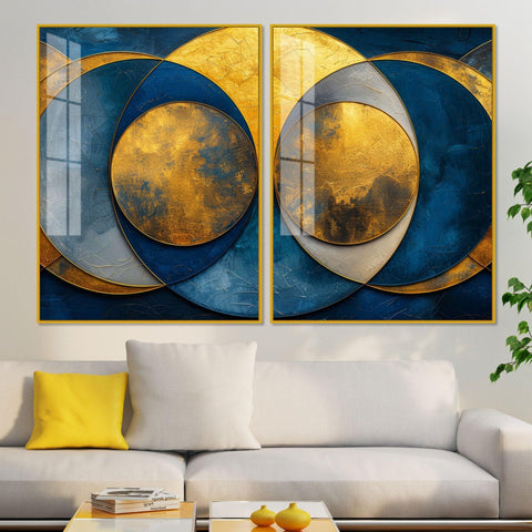 Golden Abstract Modern Circle Acrylic Floating Wall Painting Set of Two Pieces - Decor Mantra 