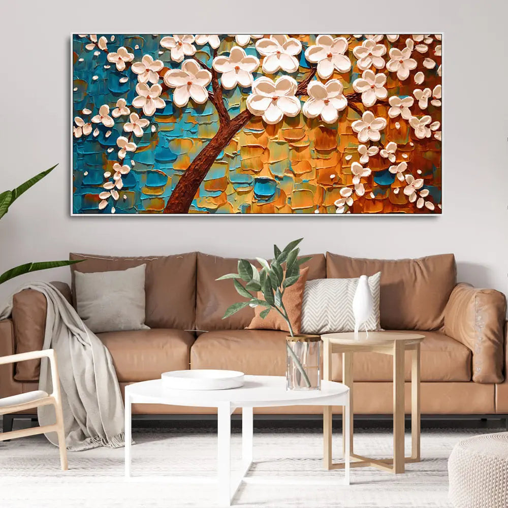Beautiful Floral Tree Art with White Flower Premium Canvas Wall Painting - Harshita Craft