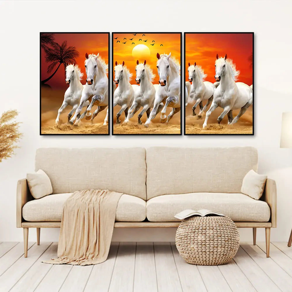 Beautiful Sunset with Running Horses Scenery Floating Wall Painting Set of 3 Decor Mantra