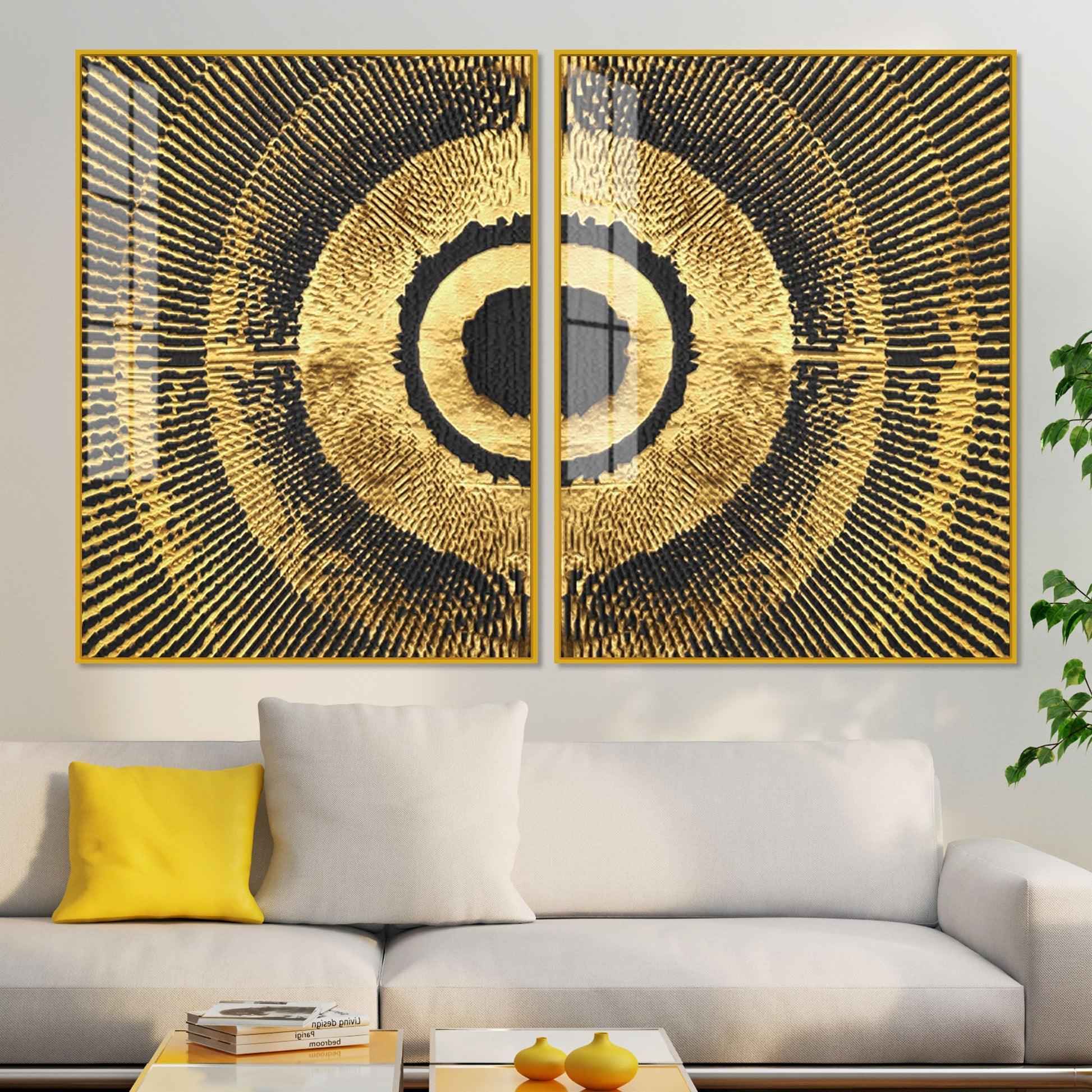 Golden 3D Pattern Acrylic Floating Wall Painting Set of 2 - Decor Mantra 