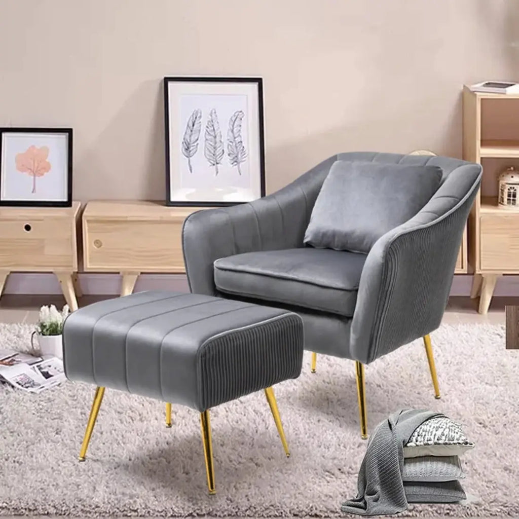 Grey Fluffy Super Comfy Velvet Luxury Accent Chair with Ottoman DECORMANTRA