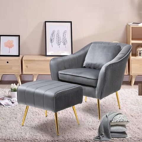 Grey Fluffy Super Comfy Velvet Luxury Accent Chair with Ottoman