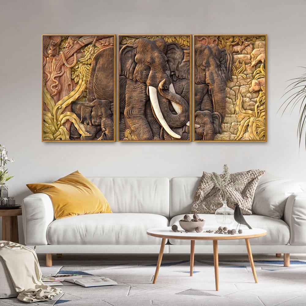 Elephant Family in the Forest Textured Art Floating Canvas Wall Painting Set of Three - Decor Mantra 