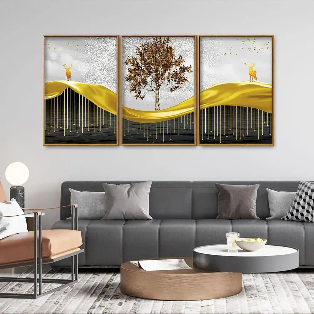 Beautiful Luxury Modern Art of Trees and Deer Floating Canvas Wall Painting Set of Three - Decor Mantra 
