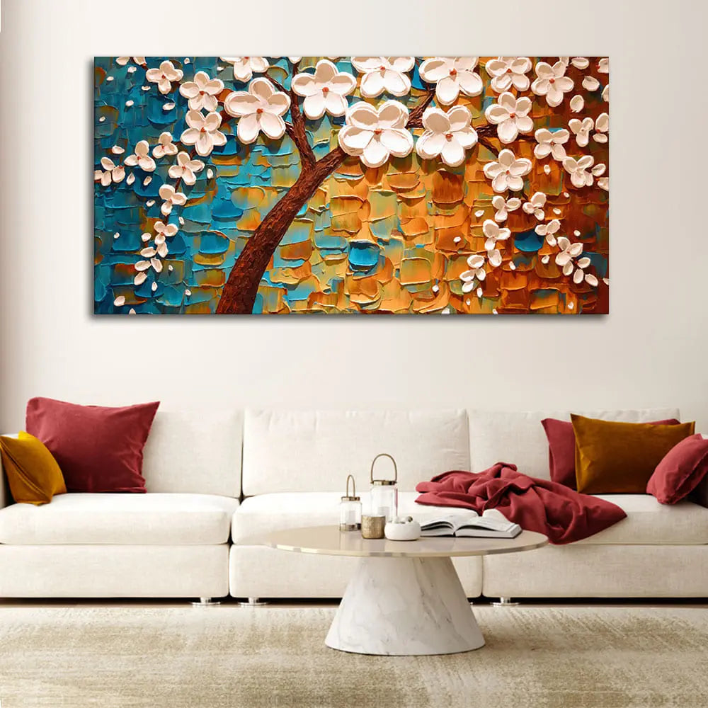 Beautiful Floral Tree Art with White Flower Premium Canvas Wall Painting - Harshita Craft