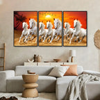 Beautiful Sunset with Running Horses Scenery Floating Wall Painting Set of 3 Decor Mantra