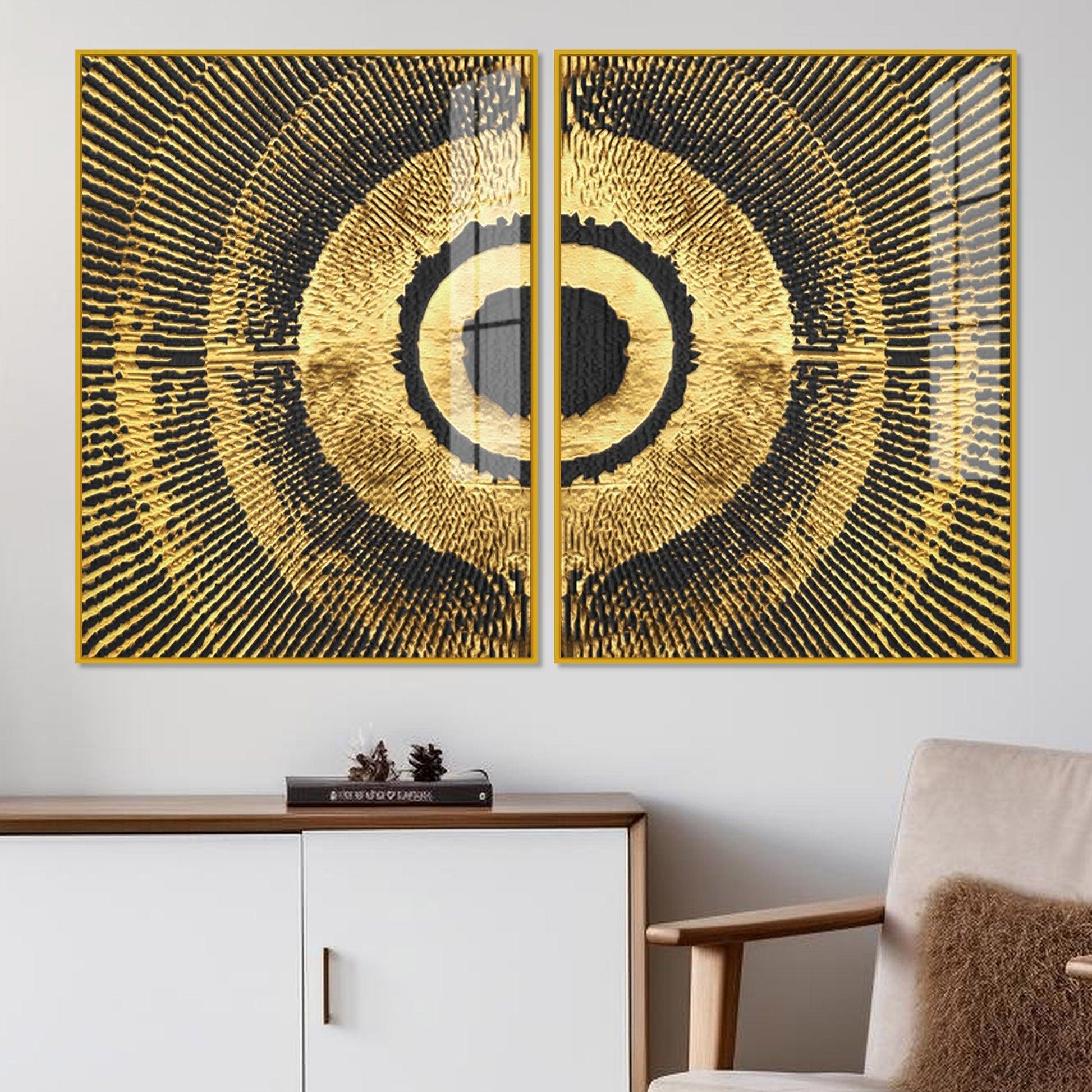 Golden 3D Pattern Acrylic Floating Wall Painting Set of 2 - Decor Mantra 