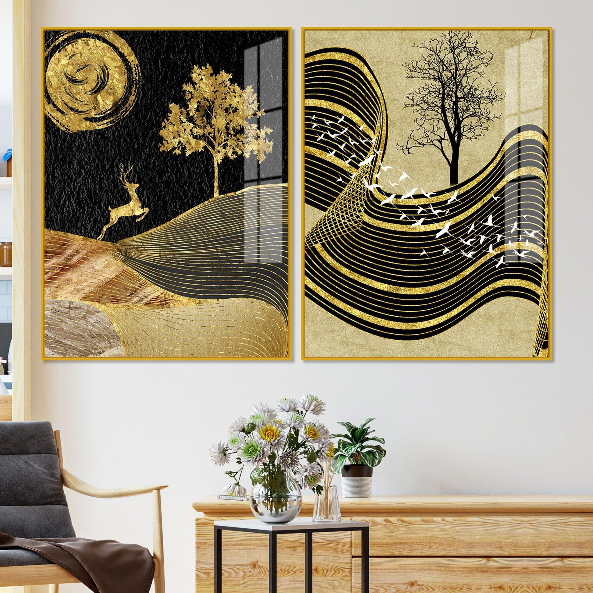 Wavy Golden Lines Mountains Premium Acrylic Floating Wall Painting Set Of 2 - Decor Mantra 