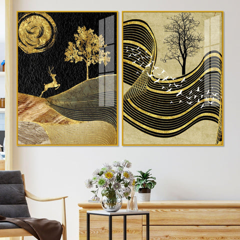 Wavy Golden Lines Mountains Premium Acrylic Floating Wall Painting Set Of 2 - Decor Mantra 