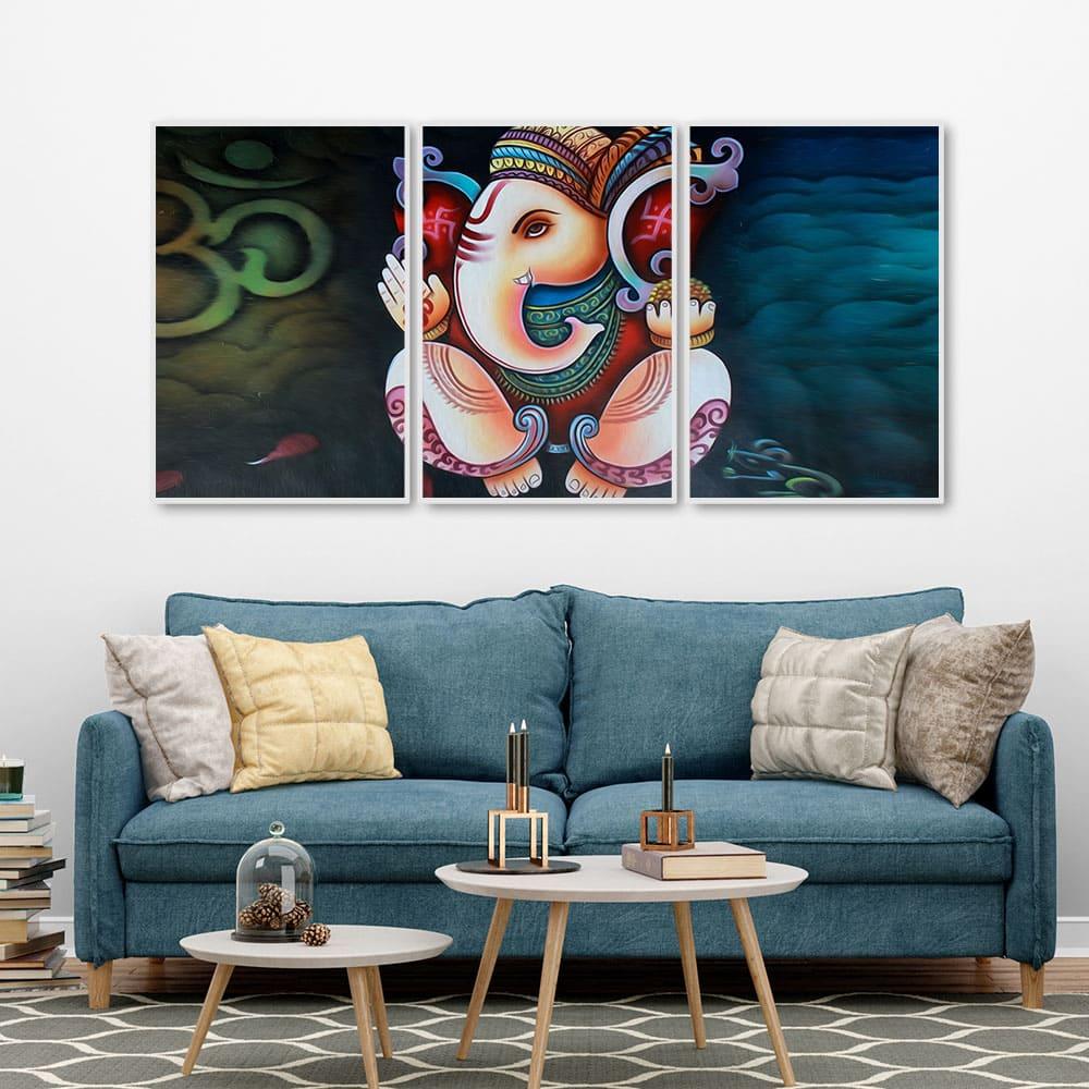 Hindu Lord Ganesha Floating Canvas Wall Painting Set of Three - Decor Mantra 