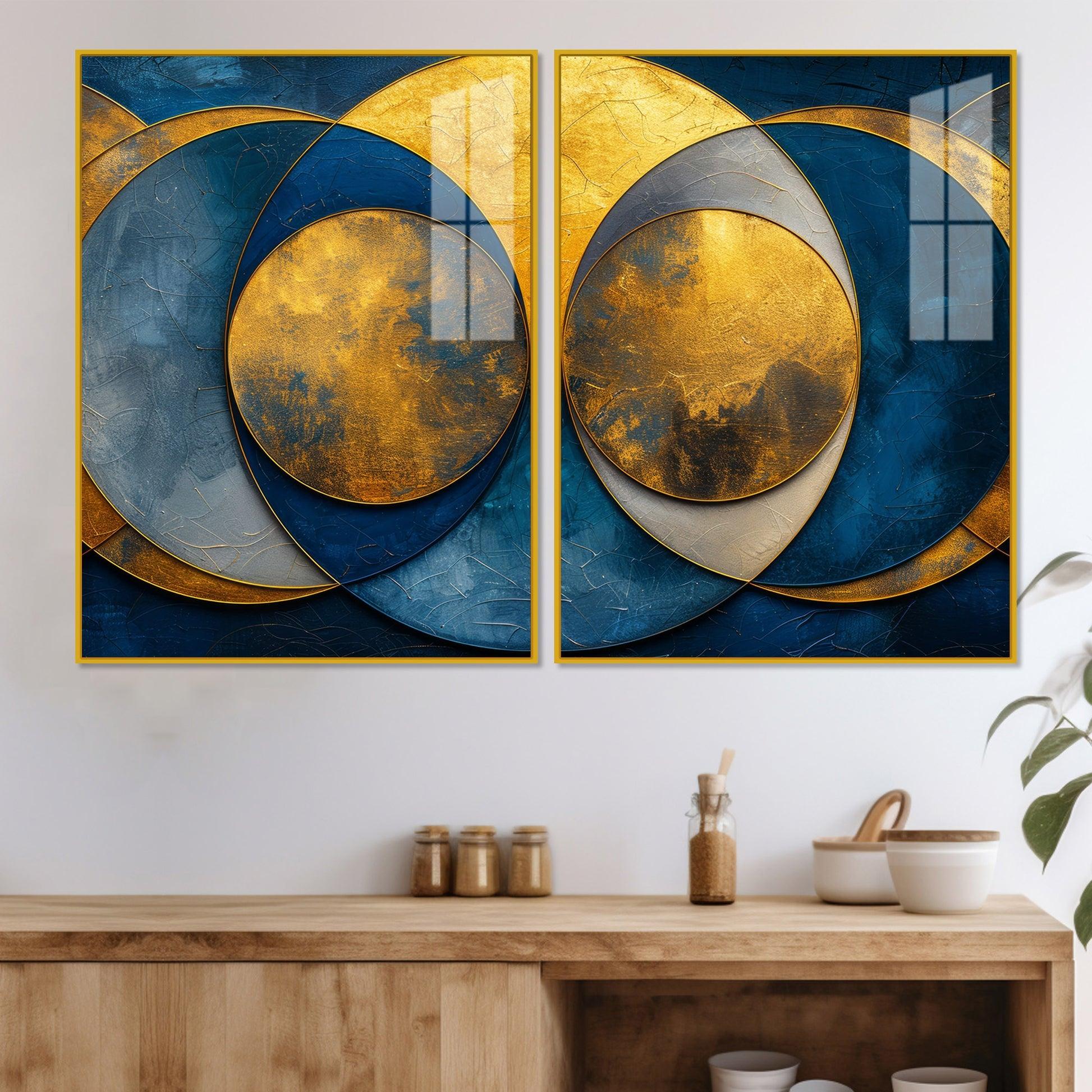 Golden Abstract Modern Circle Acrylic Floating Wall Painting Set of Two Pieces - Decor Mantra 