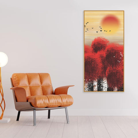Beautiful Red Tree with Sunrise Scenery Canvas Wall Painting - Decor Mantra 