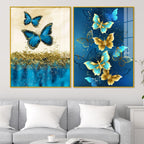 Blue and Golden Butterflies Acrylic Floating Wall Painting Set of 2 - Decor Mantra 