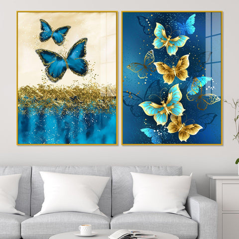 Blue and Golden Butterflies Acrylic Floating Wall Painting Set of 2 - Decor Mantra 