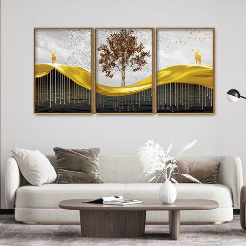Beautiful Luxury Modern Art of Trees and Deer Floating Canvas Wall Painting Set of Three - Decor Mantra 