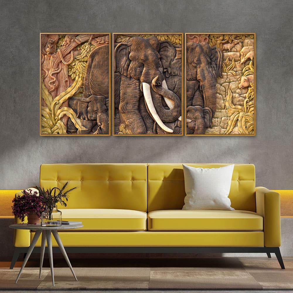 Elephant Family in the Forest Textured Art Floating Canvas Wall Painting Set of Three - Decor Mantra 