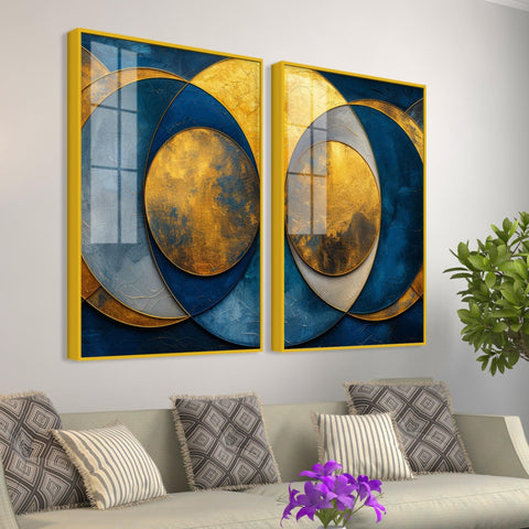Golden Abstract Modern Circle Acrylic Floating Wall Painting Set of Two Pieces - Decor Mantra 