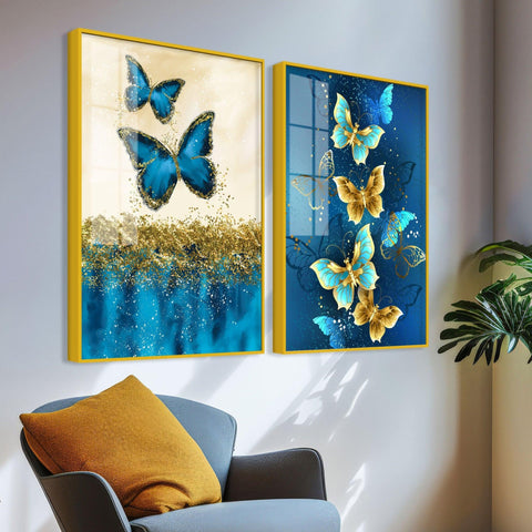 Blue and Golden Butterflies Acrylic Floating Wall Painting Set of 2 - Decor Mantra 