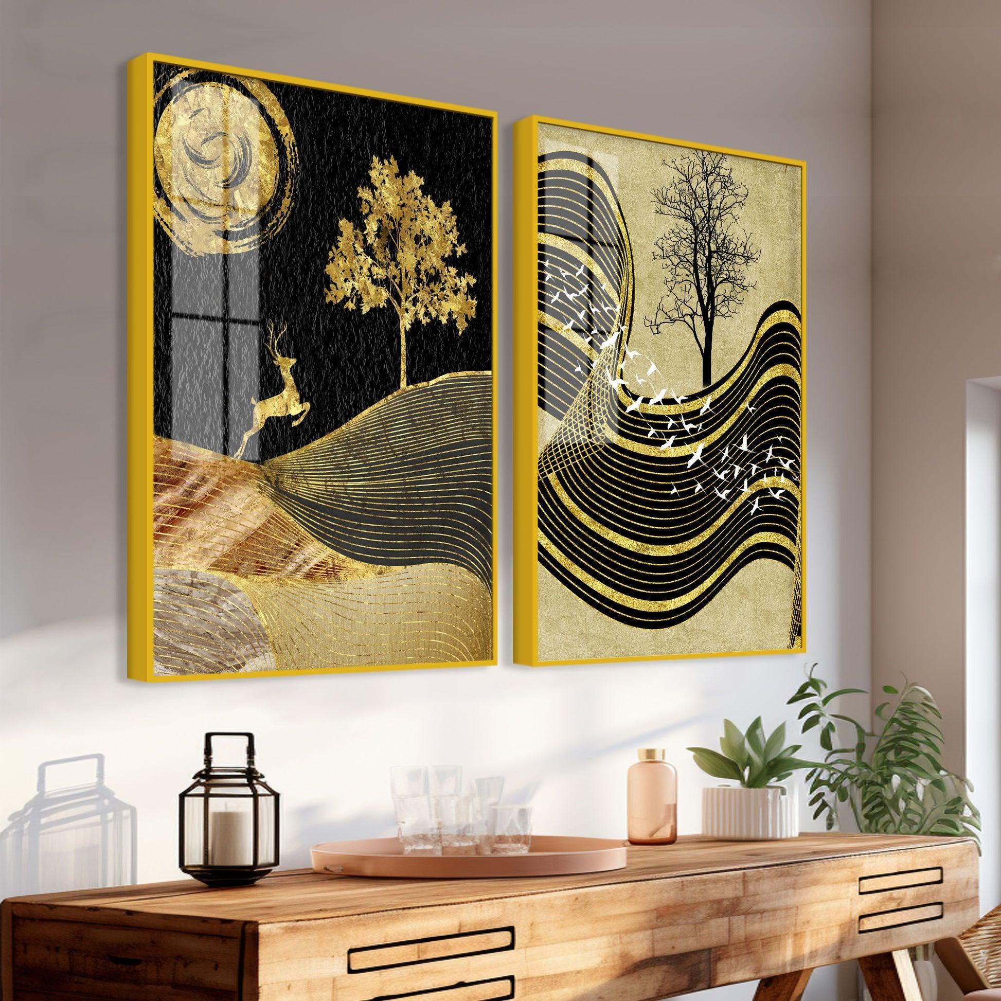 Wavy Golden Lines Mountains Premium Acrylic Floating Wall Painting Set Of 2 - Decor Mantra 