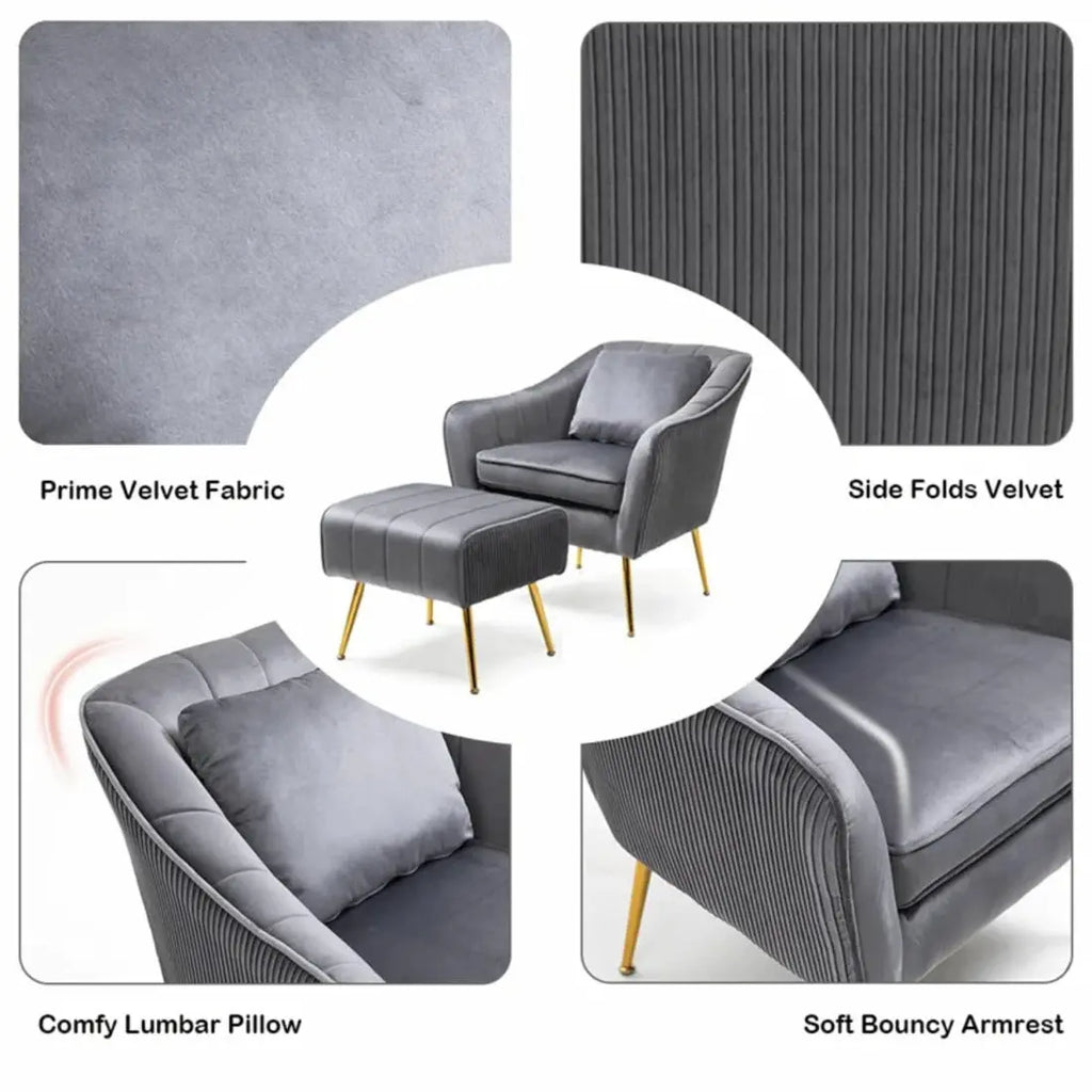 Grey Fluffy Super Comfy Velvet Luxury Accent Chair with Ottoman DECORMANTRA