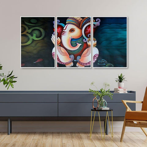 Hindu Lord Ganesha Floating Canvas Wall Painting Set of Three - Decor Mantra 