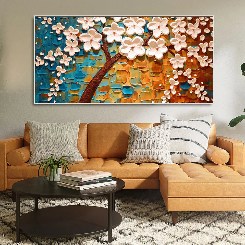 Beautiful Floral Tree Art with White Flower Premium Canvas Wall Painting - Harshita Craft