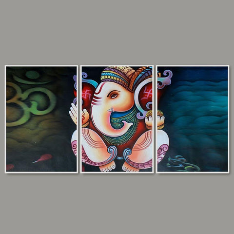 Hindu Lord Ganesha Floating Canvas Wall Painting Set of Three - Decor Mantra 