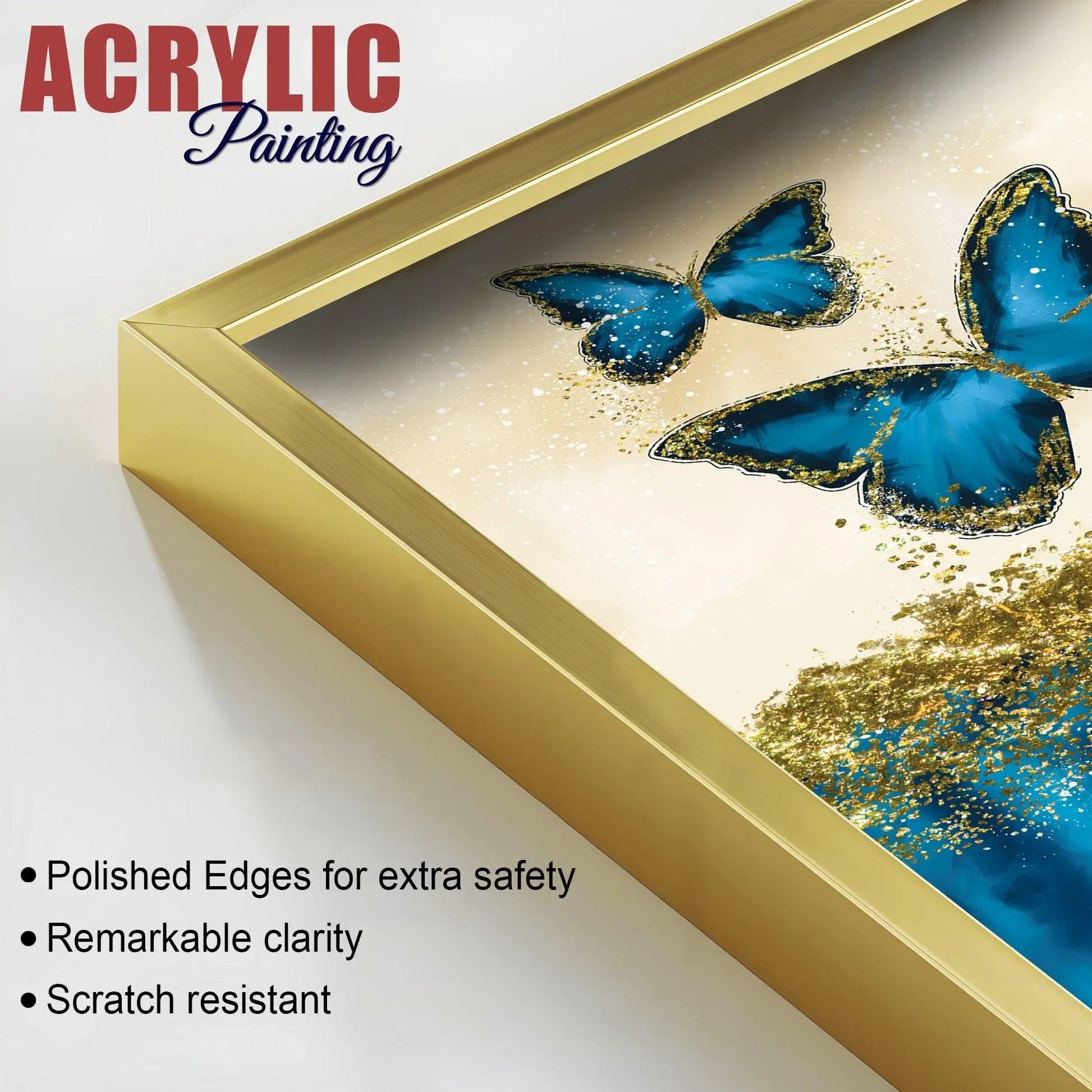 Blue and Golden Butterflies Acrylic Floating Wall Painting Set of 2 - Decor Mantra 