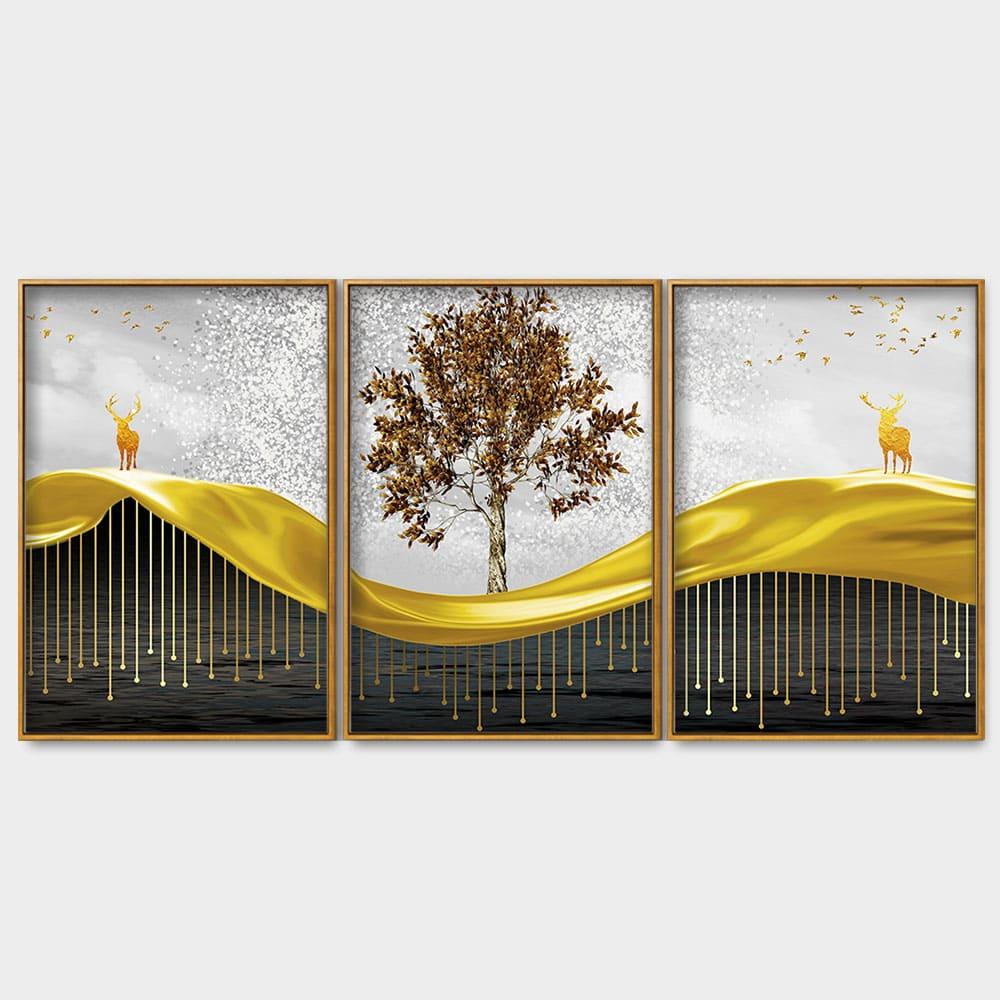 Beautiful Luxury Modern Art of Trees and Deer Floating Canvas Wall Painting Set of Three - Decor Mantra 