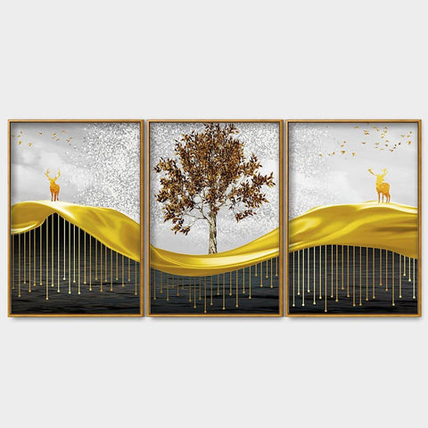 Beautiful Luxury Modern Art of Trees and Deer Floating Canvas Wall Painting Set of Three - Decor Mantra 