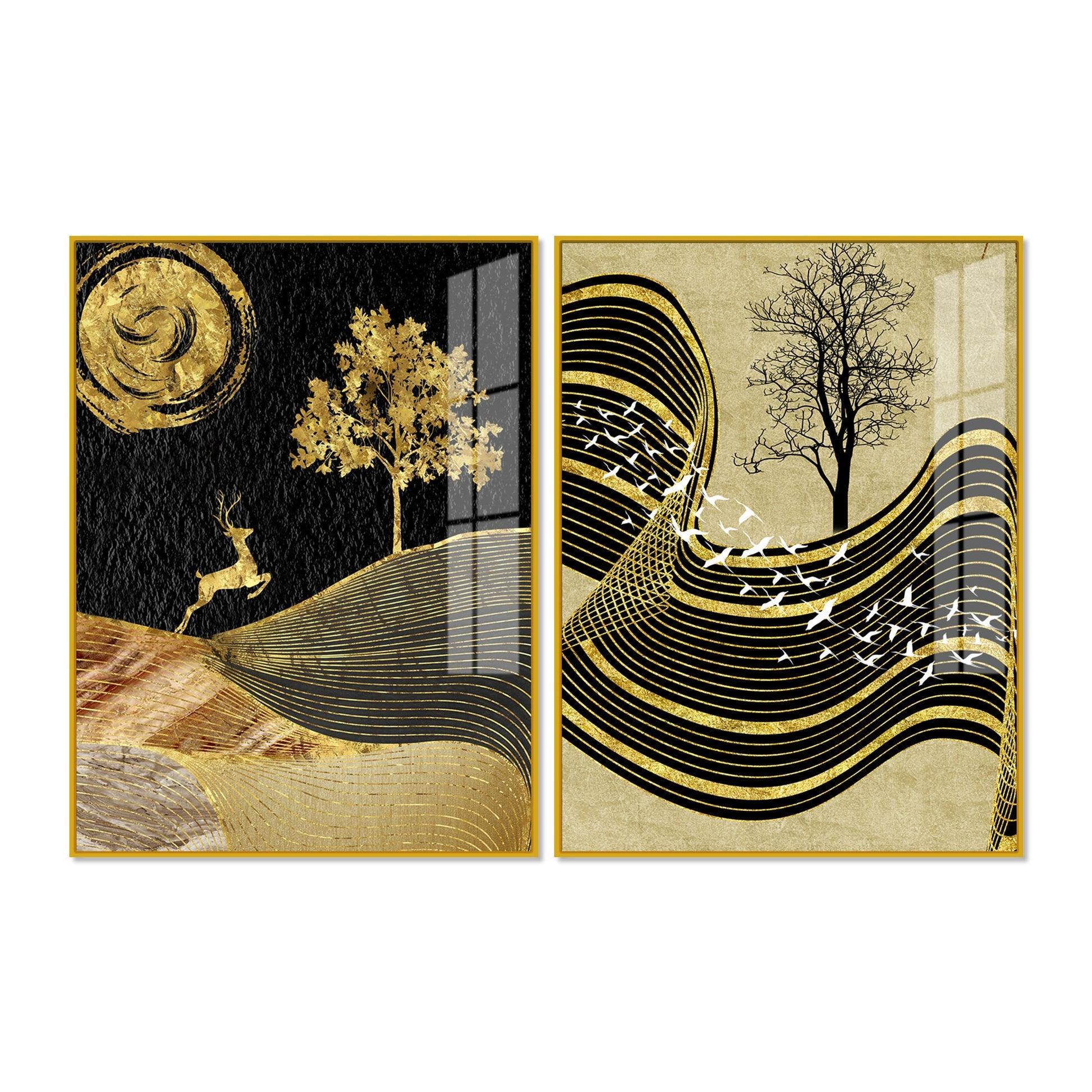 Wavy Golden Lines Mountains Premium Acrylic Floating Wall Painting Set Of 2 - Decor Mantra 