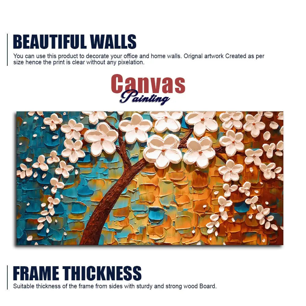 Beautiful Floral Tree Art with White Flower Premium Canvas Wall Painting - Harshita Craft
