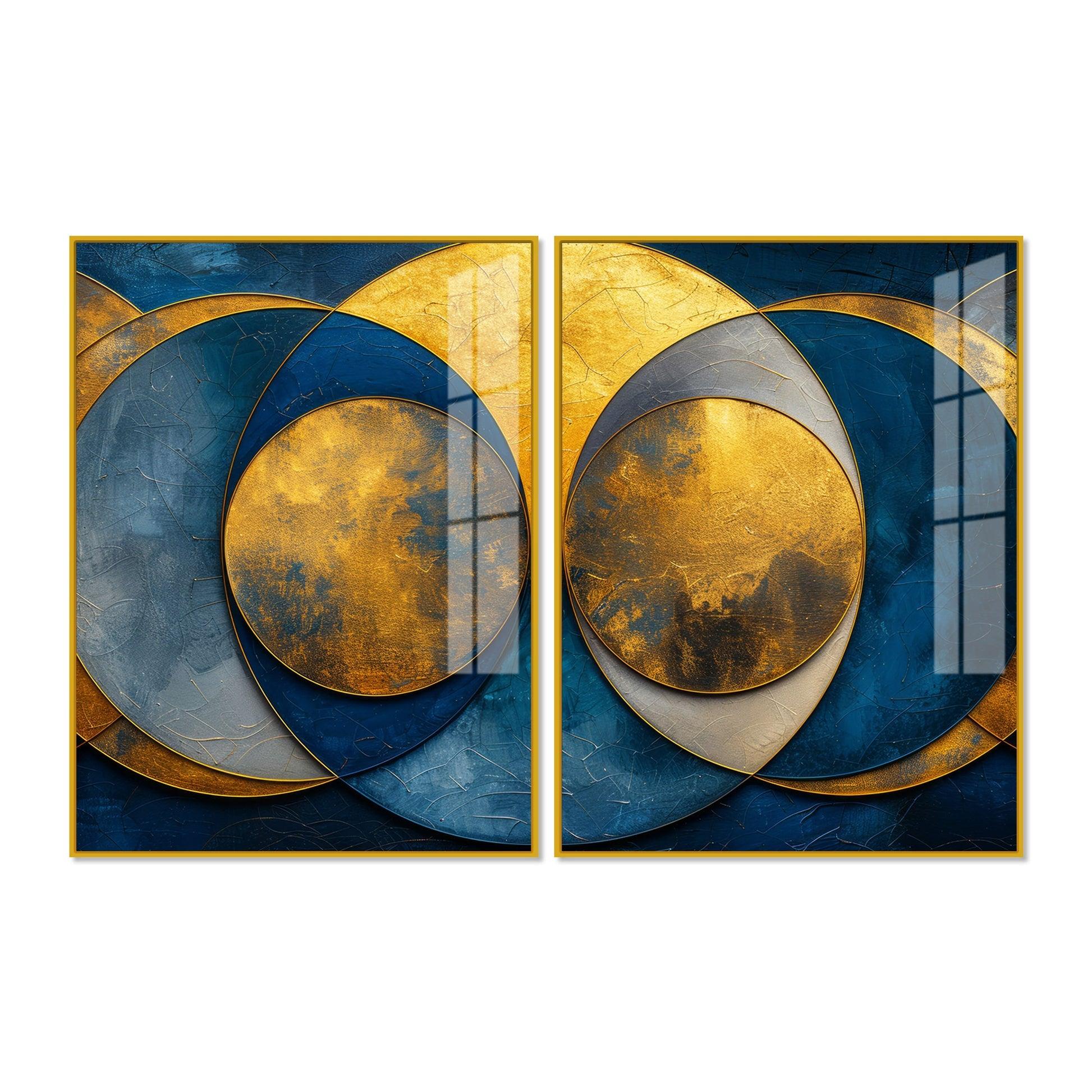 Golden Abstract Modern Circle Acrylic Floating Wall Painting Set of Two Pieces - Decor Mantra 