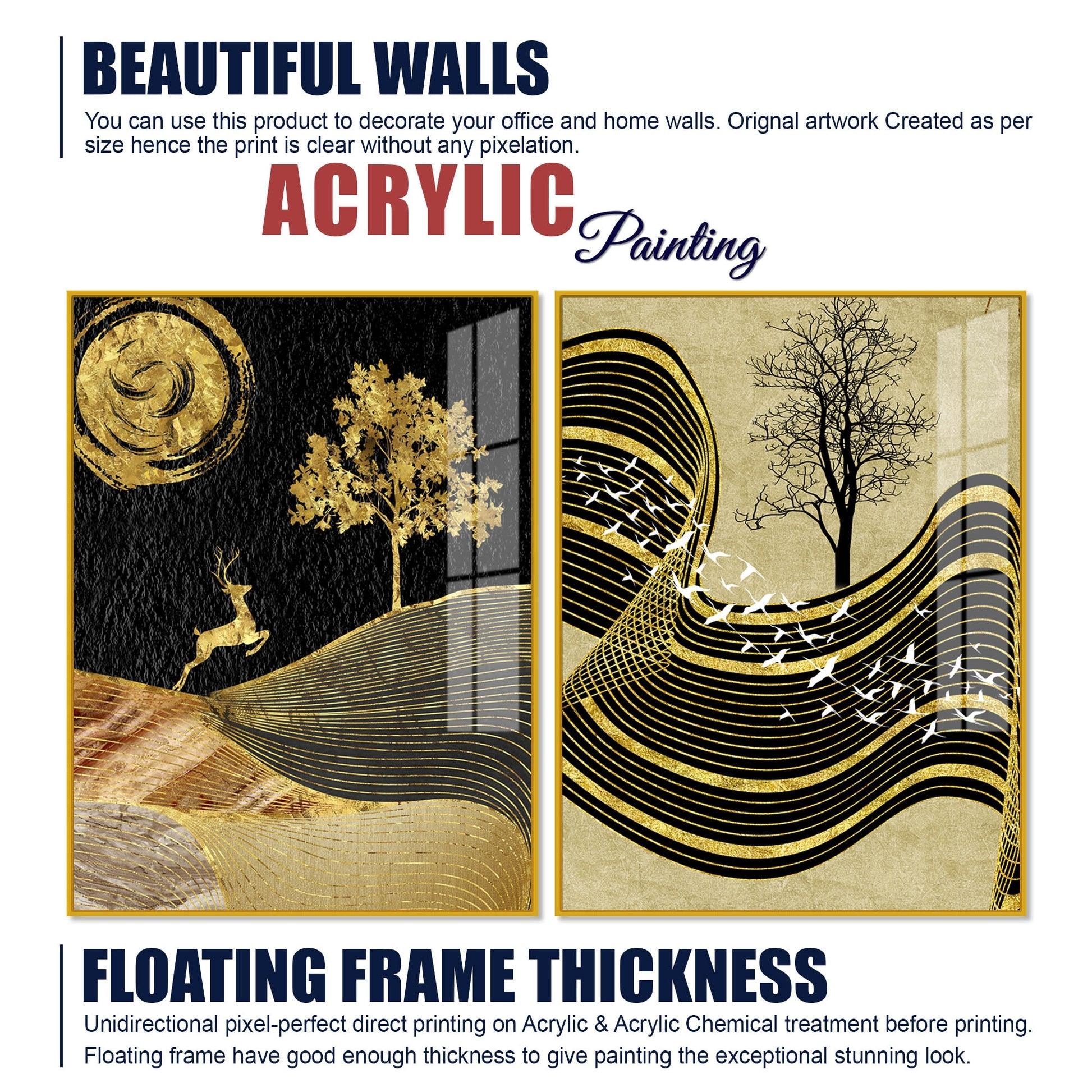 Wavy Golden Lines Mountains Premium Acrylic Floating Wall Painting Set Of 2 - Decor Mantra 