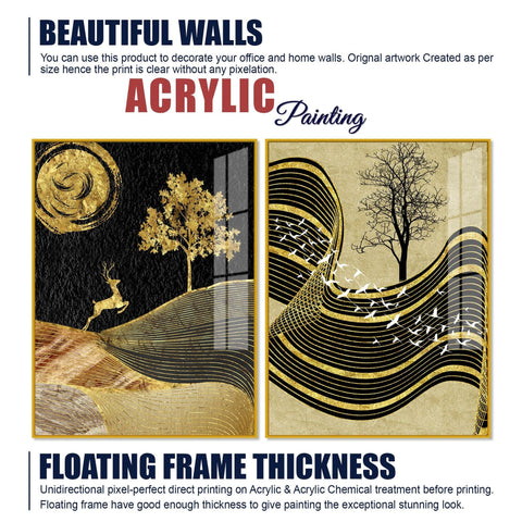 Wavy Golden Lines Mountains Premium Acrylic Floating Wall Painting Set Of 2 - Decor Mantra 
