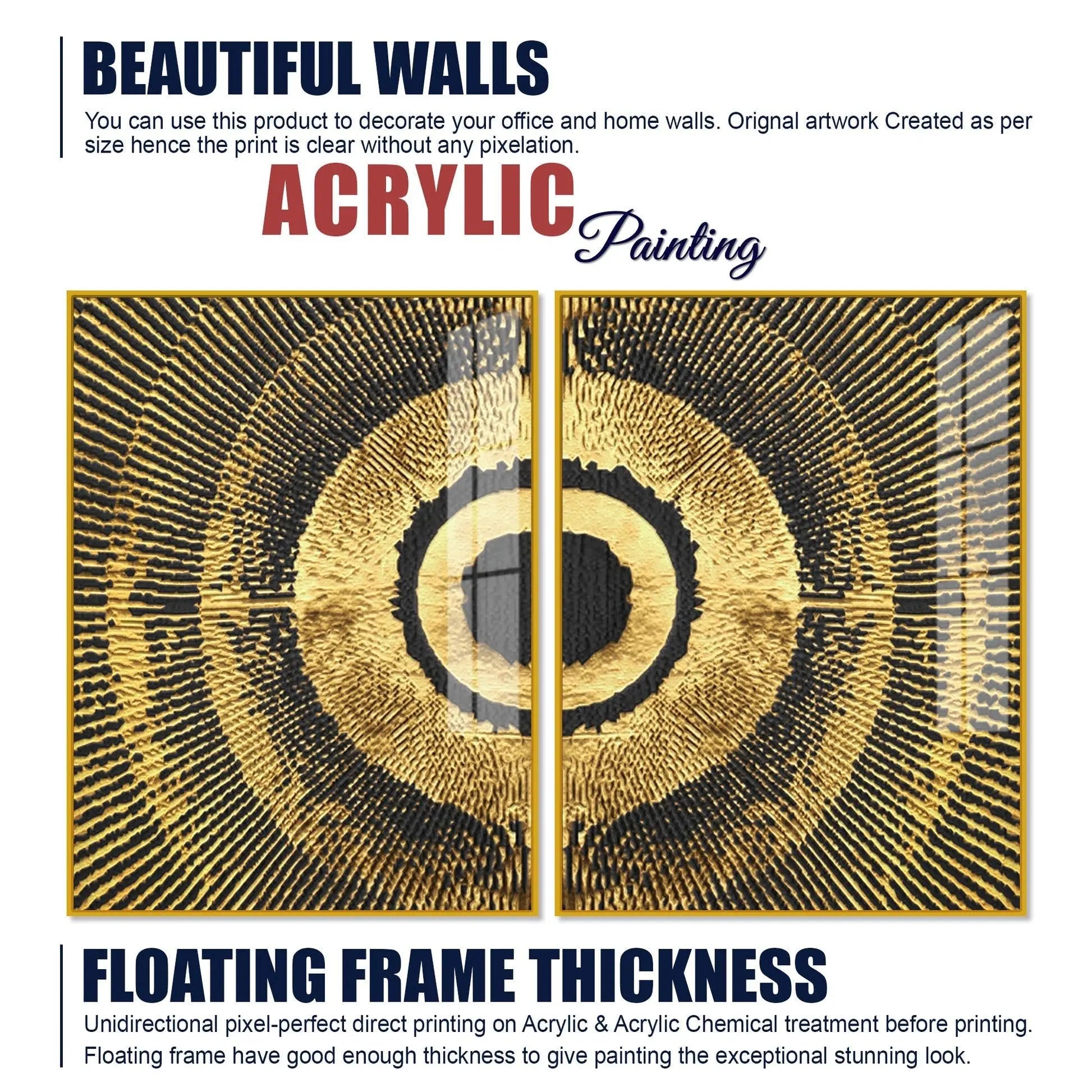 Golden 3D Pattern Acrylic Floating Wall Painting Set of 2 - Decor Mantra 