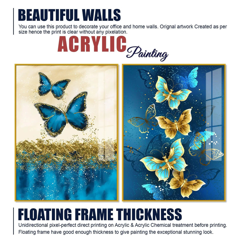 Blue and Golden Butterflies Acrylic Floating Wall Painting Set of 2 - Decor Mantra 
