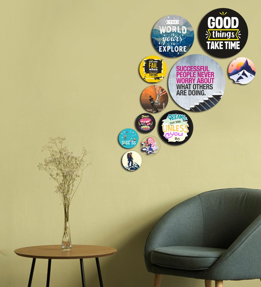 Decorative Wooden Wall Hanging Decoration Item for Home | Office | Gifts |Modern Wall Artworks Items | Wall Art | Living Room | Bedroom | Quotes Decor Item (WPS_138N) Pack of 11 Pieces - Decor Mantra 