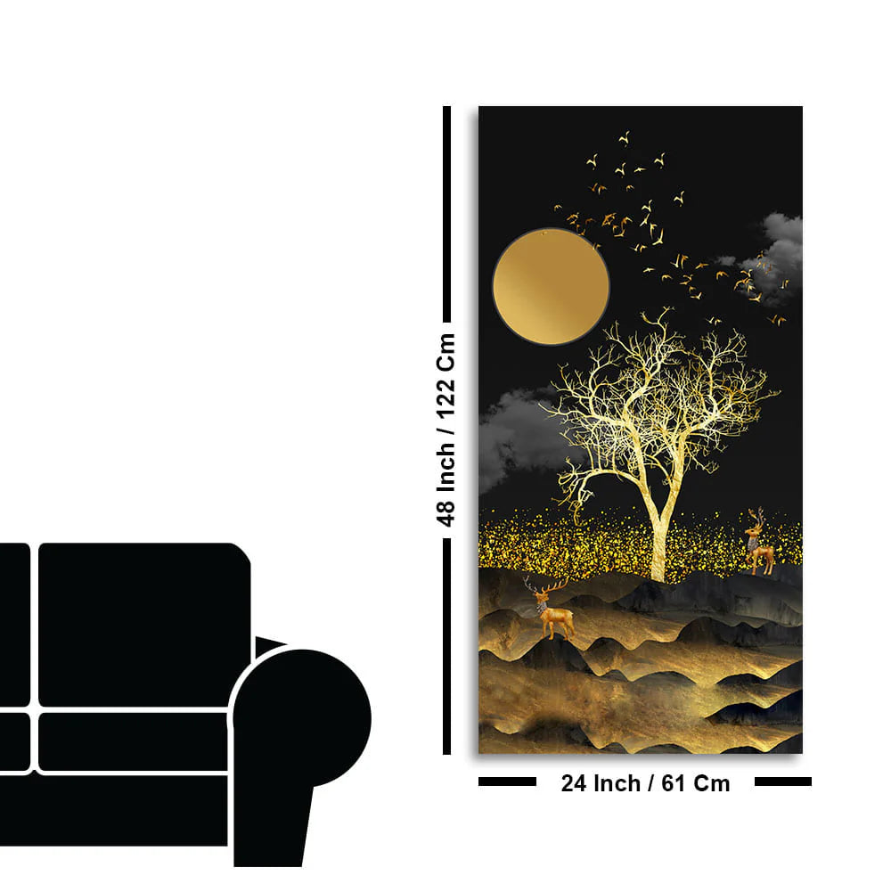 Dark Moon Light with Golden Birds Premium Canvas Wall Painting Decor Mantra