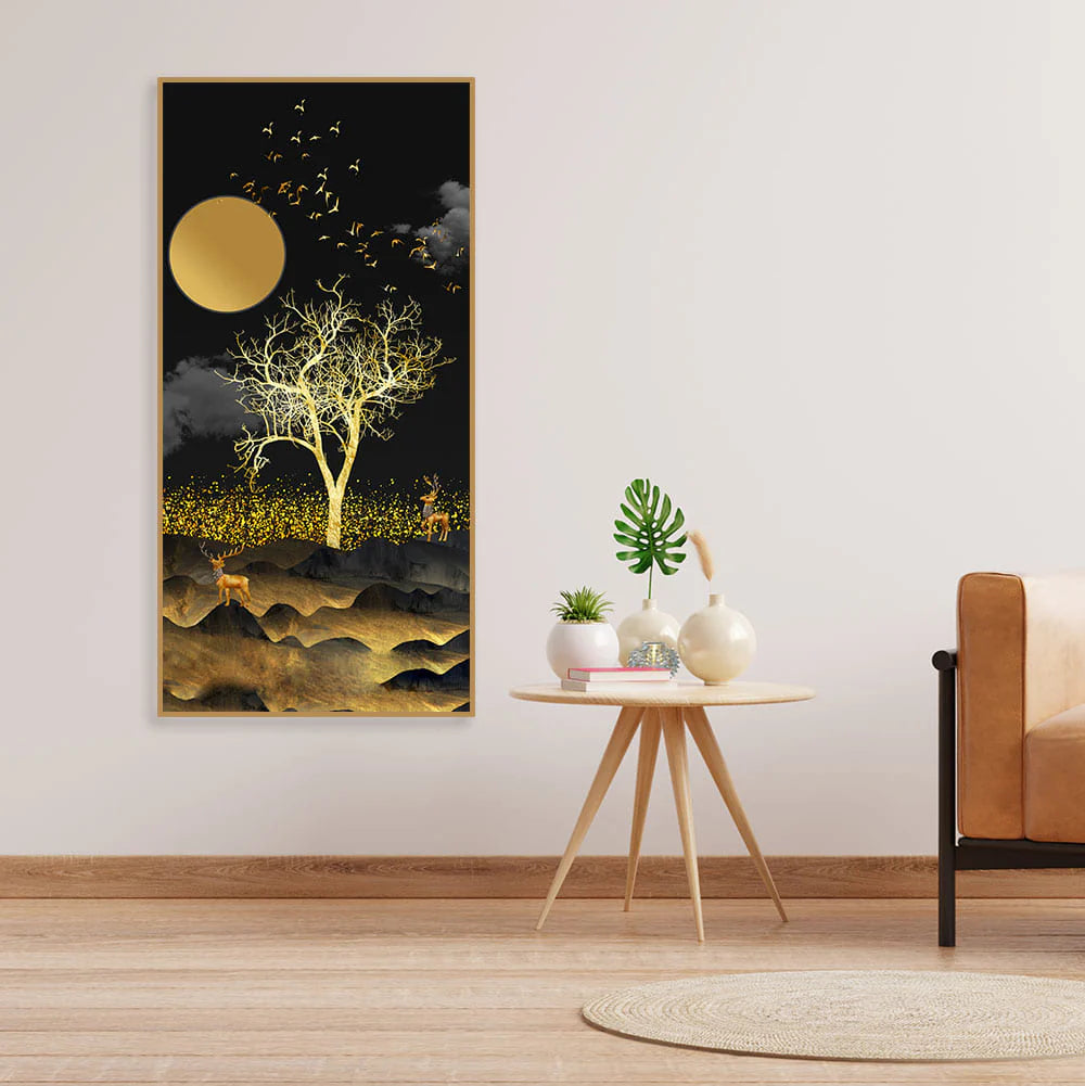 Dark Moon Light with Golden Birds Premium Canvas Wall Painting Decor Mantra