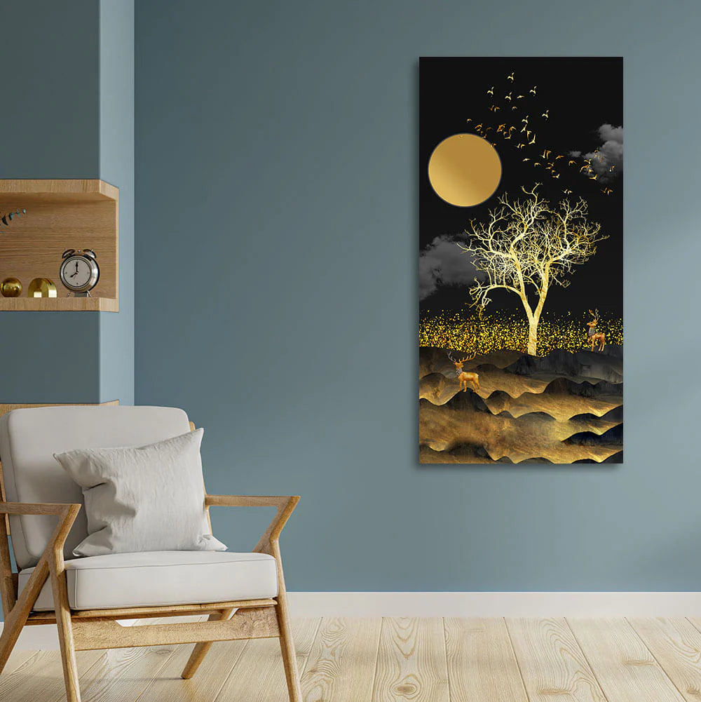 Dark Moon Light with Golden Birds Premium Canvas Wall Painting Decor Mantra