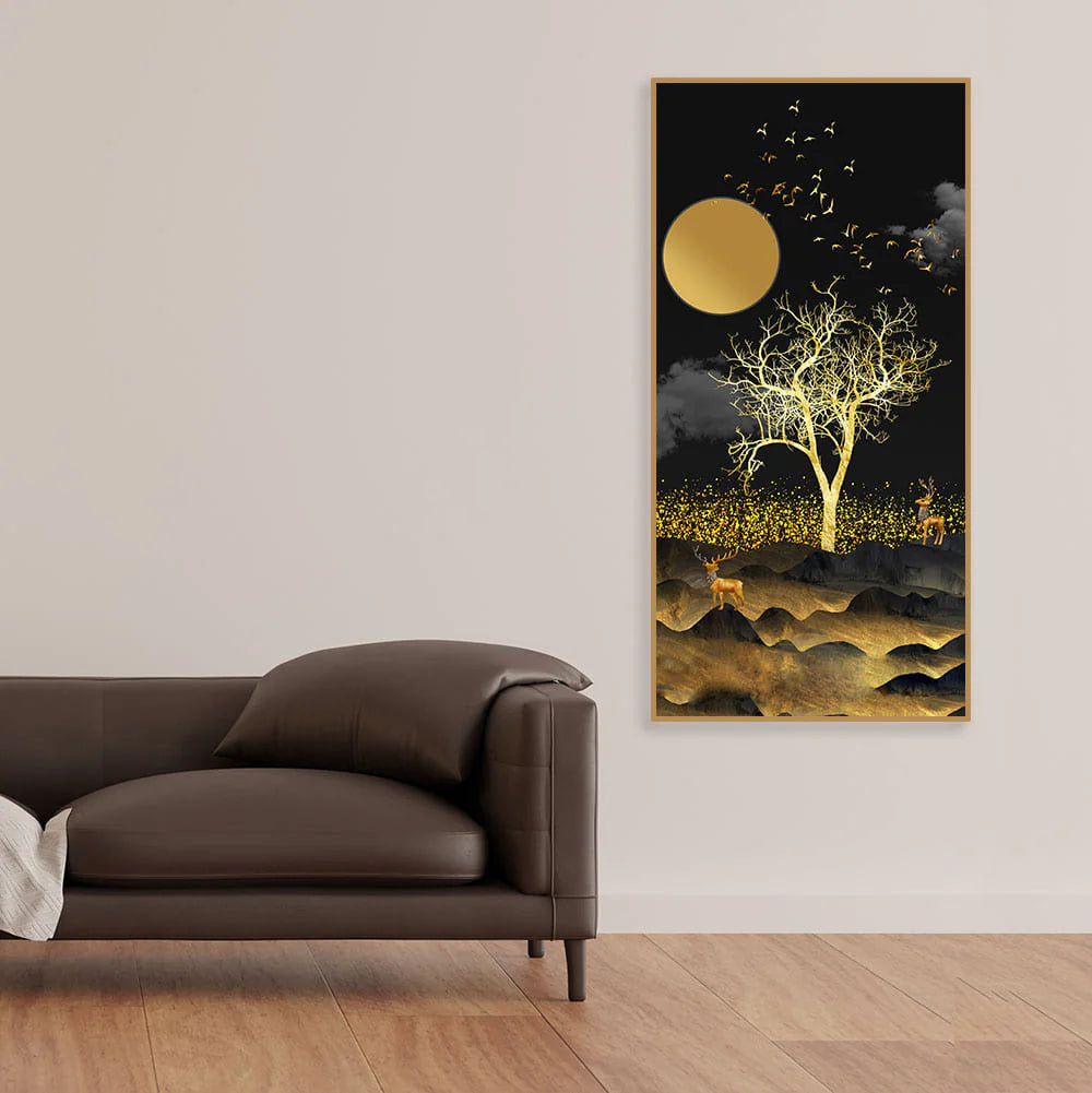 Dark Moon Light with Golden Birds Premium Canvas Wall Painting Decor Mantra