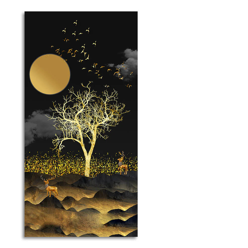 Dark Moon Light with Golden Birds Premium Canvas Wall Painting Decor Mantra