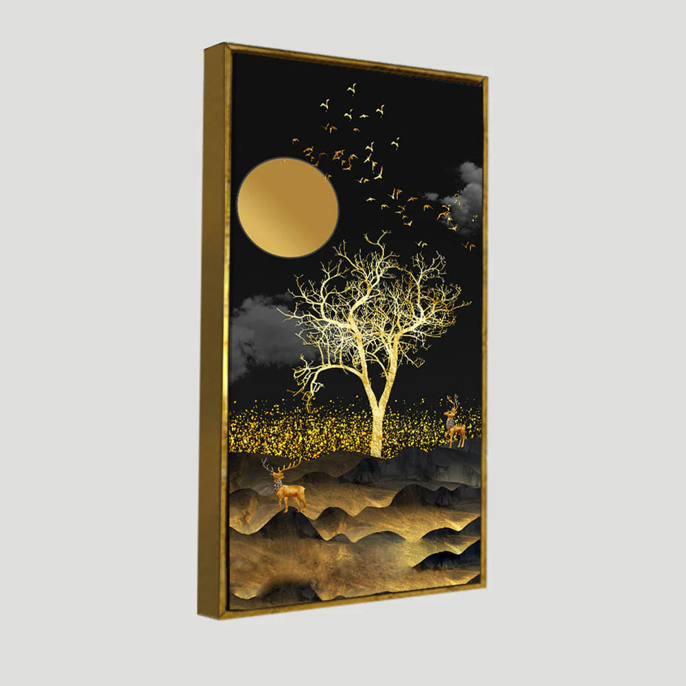 Dark Moon Light with Golden Birds Premium Canvas Wall Painting Decor Mantra