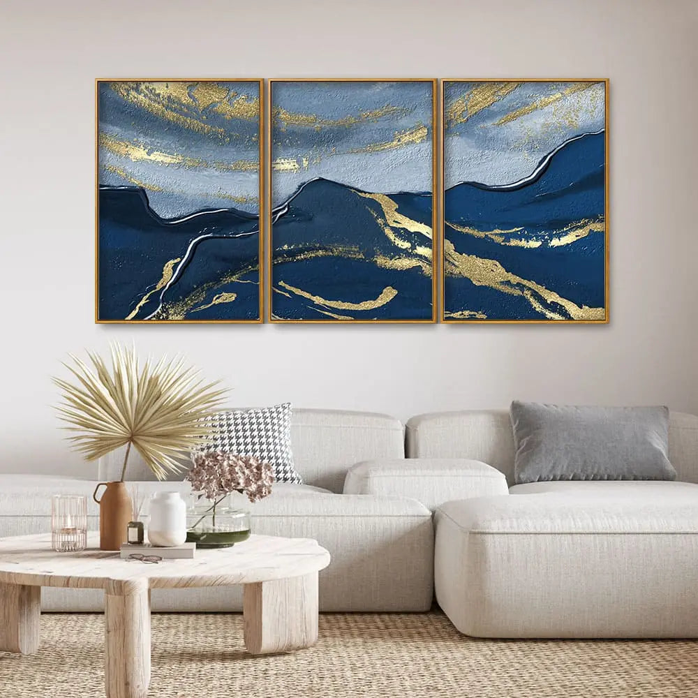 Dark Mountains and Golden Sky Premium Floating Canvas Wall Painting Set of Three DECORMANTRA