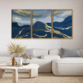 Dark Mountains and Golden Sky Premium Floating Canvas Wall Painting Set of Three DECORMANTRA