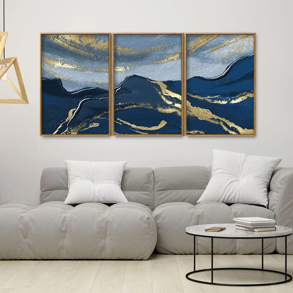Dark Mountains and Golden Sky Premium Floating Canvas Wall Painting Set of Three DECORMANTRA